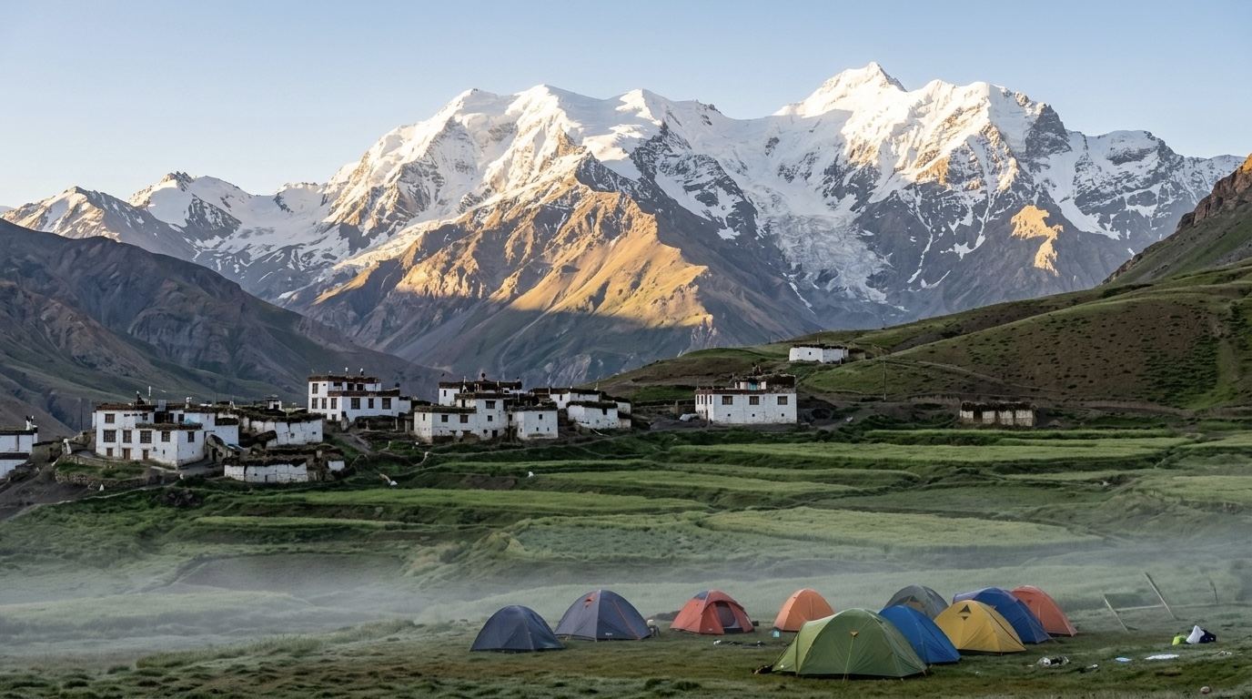 Snow-covered winter landscape in Spiti Valley, Himachal Pradesh